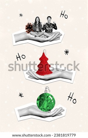 Creative drawing collage picture of hands hold decoration prepare christmas new year greeting card template holiday x-mas congratulation