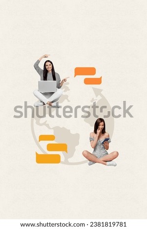 Vertical creative composite photo collage of happy positive girls chatting from any pleace in world isolated on drawing background