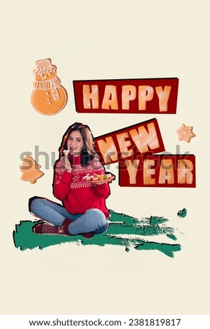 Vertical collage picture of positive girl hold dessert plate eat cookies happy new year postcard isolated on beige background