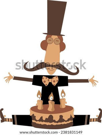 Cartoon man with a cake with candles. 
Funny long mustache man in the top hat sits with a cake with candles. Isolated on white background
