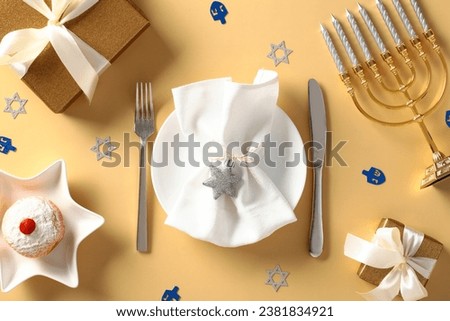 Jewish holiday Hanukkah celebration concept. Top view Chanukah table setting.