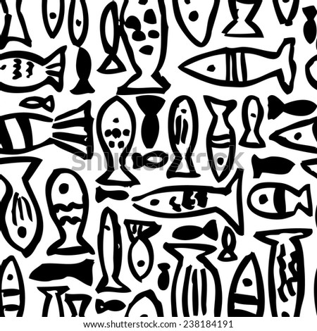Seamless pattern. Black and white. Image of fish. Hand drawing.