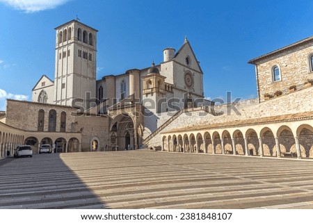 Empty Lower Square of St Francis in Assisi. Umbria. Italy. There is enough space for your use in the photo. Royalty-Free Stock Photo #2381848107