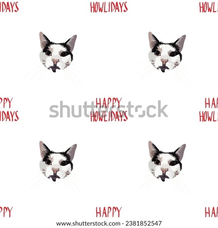 Christmas seamless pattern with cats. Repeatable winter background. "Happy Howlidays" text, Dog Christmas Card for dog lovers. Abstract texture with cat head Drawing. Cartoon style. Popular character.