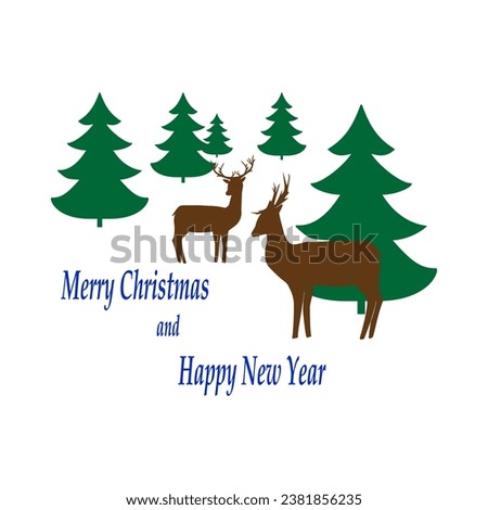 New Year picture with a deer, a Christmas tree and an inscription. New Year card. Fashion graphic design flat element. Colorful template for prints, card, poster. Vector illustration.
