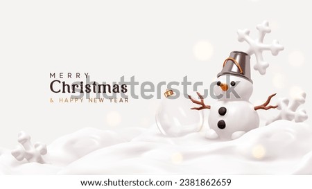 Christmas snowman with silver bucket on his head. Snowman in snow with white snowflakes. Realistic 3d cartoon style. Winter Christmas background. Vector illustration Royalty-Free Stock Photo #2381862659