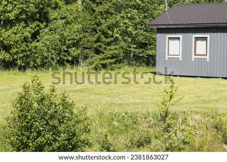 Modern Tiny House Exterior in forest, stock photo