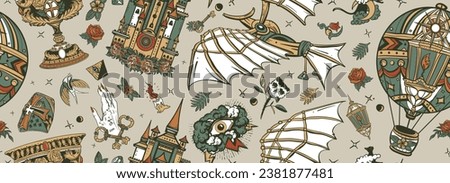 Medieval flying machines, air balloon, holy grail, middle age castle. Old school tattoo vector seamless pattern. Leonardo Da Vinci style. Traditional tattooing background Royalty-Free Stock Photo #2381877481