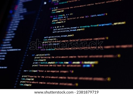 A screen displays intricate Python code, a symphony of text and symbols, weaving logic and creativity in a digital tapestry. Royalty-Free Stock Photo #2381879719
