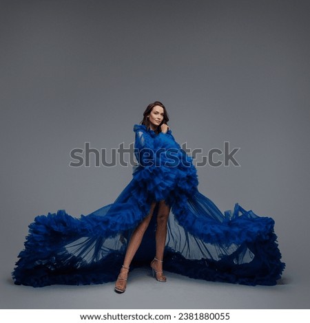 A stunning model in a lush blue carnival gown poses elegantly against a gray backdrop
