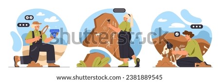 Professional archeologist set. Man and woman at workplace with skulls and skeletons, diamond. Archeology and paleontology. Cartoon flat vector collection isolated on white background