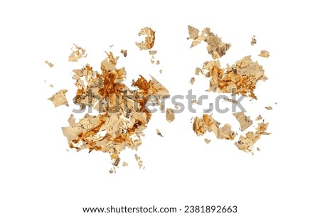 Many pieces of edible gold leaf isolated on white, top view Royalty-Free Stock Photo #2381892663