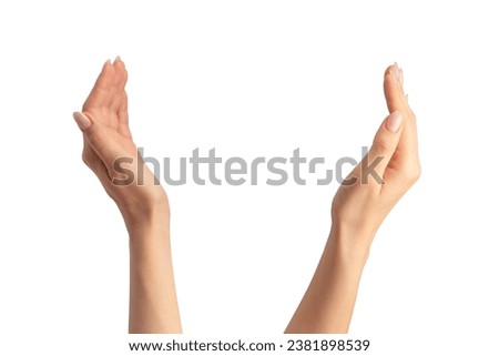 Hand of a woman hold some tiny or thin object, isolated on a white background.