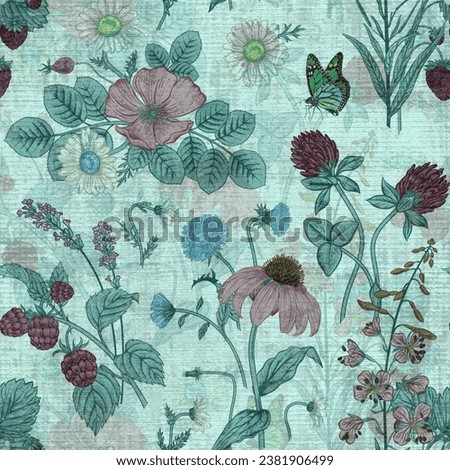 Seamless Pattern with Flowers Watercolor Stock Illustration, Tropical leafs and birds, floral fabric, vintage flower and leafs print