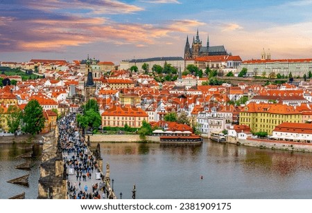 Prague cityscape with Charles Bridge over Vltava river and Hradcany castle at sunset, Czech Republic Royalty-Free Stock Photo #2381909175