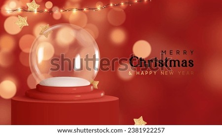 Christmas glass transparent empty magic snow globe on red background with round stand podium for products studio. Realistic 3d scene for mockup products. vector illustration