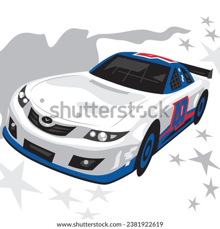 White race car with a gray graphic background of smoke and stars.