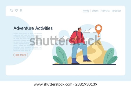 Tourism web banner or landing page. People traveling the world seeing attractions and cultural heritage. Traveler booking a hotel and packing a baggage. Active lifestyle. Flat vector illustration