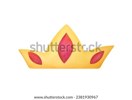 clip art watercolor yellow gold king crown with red gem stone ruby, garnet, sapphire for princess on white background. cut out cute Hand drawn diadem illustration. monarchs Royal Jewelry Accessory