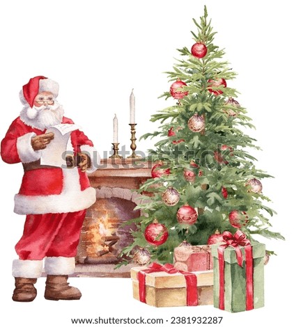 Watercolor Christmas illustration. Santa Claus stands near the fireplace and Christmas tree reading a letter. Santa clipart