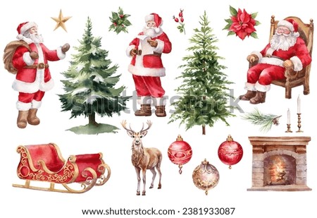 Watercolor Christmas illustration. Santa Clause clipart, Christmas tree, ornaments, deer, fireplace, Santa sleigh, poinsettia, ornaments clipart 