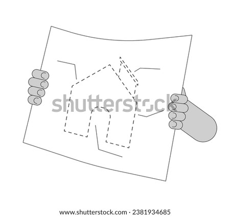 Holding drafting building plan cartoon human hands outline illustration. Home construction blueprint presentation 2D isolated black and white vector image. Remodel flat monochromatic drawing clip art