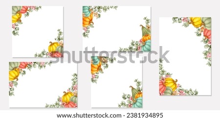 Set of watercolor frames with pumpkins, eucalyptus and berries. Fall Decor, Thanksgiving, Cozy Home, Harvest Festival. Illustration for cards, invitations, greetings, announcements, advertising, etc.