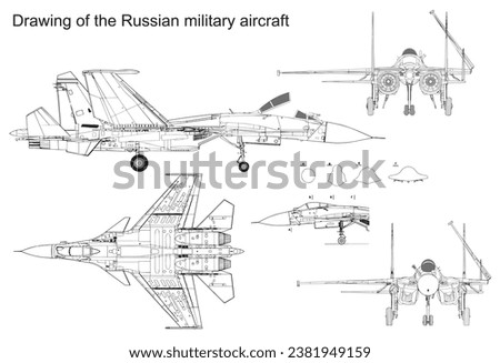 Vector drawing of a russian military aircraft.
General view of a war plane fighter bomber su.
Top, side, front, back views. Cad scheme.
Cross section, contour, sketch. Royalty-Free Stock Photo #2381949159