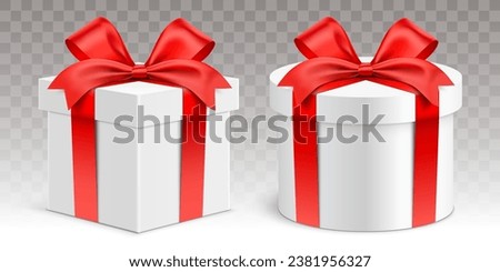 Set of round and square shape white gift boxes wrapped with red ribbons, isolated on transparent background. Realistic giftbox vector illustration.