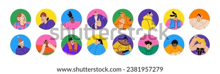 Cartoon avatars retro characters. Smiling happy people in doodle style. Custom icons acid hippie female and male portraits