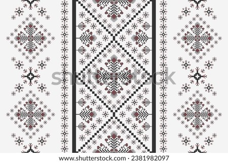 Geometric floral embroidery cross stitch pattern. Vector ethnic geometric floral pixel art seamless pattern on white background. Ethnic floral stitch pattern use for textile, home decoration elements. Royalty-Free Stock Photo #2381982097