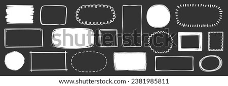 Hand drawn doodle frame on chalkboard background. Box, square, rectangle, circle shape brush pen line stroke scribble element. Hand drawn simple oval, square frame text border. Vector illustration Royalty-Free Stock Photo #2381985811