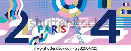 paris themed 2024 vector banner design. Abstract celebratory geometric decoration, pink, white, dark blue, turquoise, suitable for French national day flag Royalty-Free Stock Photo #2382004723