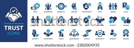 Trust icon set. Containing confidence, credibility, promise, trustworthy, friends, truth, faith, sincerity and honesty. Vector solid icons collection. Royalty-Free Stock Photo #2382004935