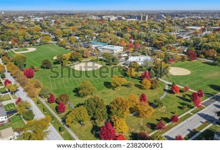 Arlington Heights, Illinois, United States of America - August 31st 2023:  Arlington Heights Illinois Pioneer Park Community Center Drone Photography Royalty-Free Stock Photo #2382006901
