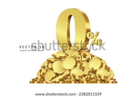 Gold 0% text number is placed in the middle of gold coins or dollar coins For advertising about interest promotions or zero percent fee, vector 3d isolated on white background for financial concept Royalty-Free Stock Photo #2382011559