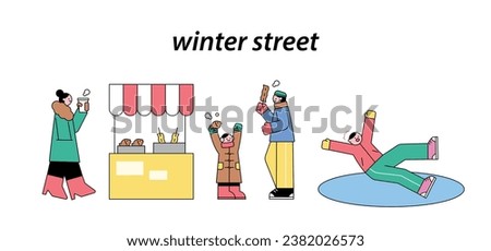 People buying snacks on the cold winter street. A person who falls on ice.