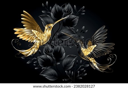 Black and gold jewelry hummingbirds on gray background decorated with plants. Jewelry birds. Hand drawn vector art