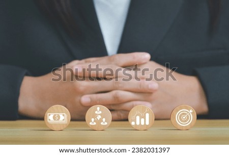 business strategy, Action plan, Goal and target, hand stack woods block step on table with icon about business strategy and Action plan. business development concept. copy space