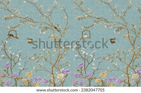 3d wallpaper design with little flowers,country style branches and flowers and birds for mural print