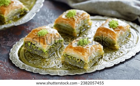 Turkish Pistachio Baklava Dessert bakery  Royalty-Free Stock Photo #2382057455
