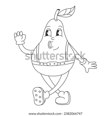 Coloring page with Fruit Retro Groovy Cartoon Hippie Character. Comic Pear Character on transparent background. Groovy Summer Vector Illustration. Sweet Juicy Fresh Fruit