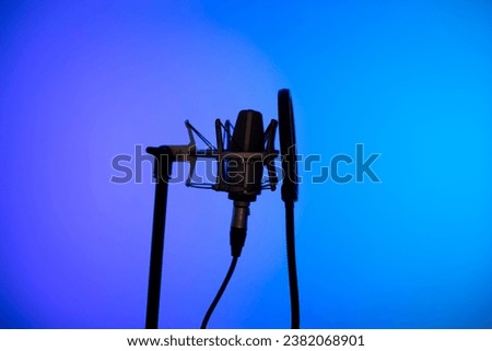 Voiceover studio large diaphragm cardioid microphone in professional voice recording studios.