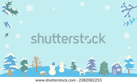 Christmas winter landscape with snow, background frame, hand drawn cute illustration