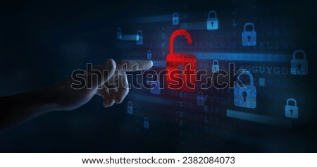 hacker attack, security breach, system hacked alert with red broken padlock , cybersecurity concept Royalty-Free Stock Photo #2382084073