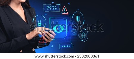 Businesswoman hands with phone, finger touch device. Virtual screen hud hologram with sensitive content warning. Crossed eye, security and hidden password. Concept of explicit or censored media Royalty-Free Stock Photo #2382088361