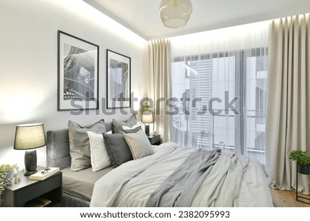 Contemporary 3D decorative bedroom in loft apartment with multiple pillows and LED lights illumination Royalty-Free Stock Photo #2382095993