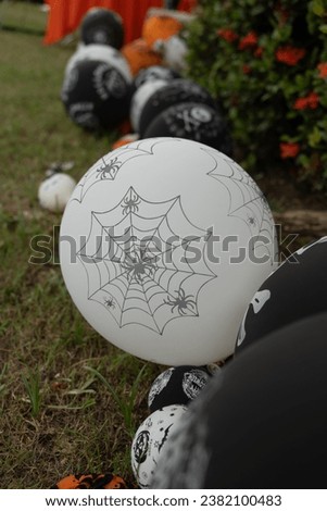 Balloons pattern of spider web decorated in garden. Halloween party activity ideas