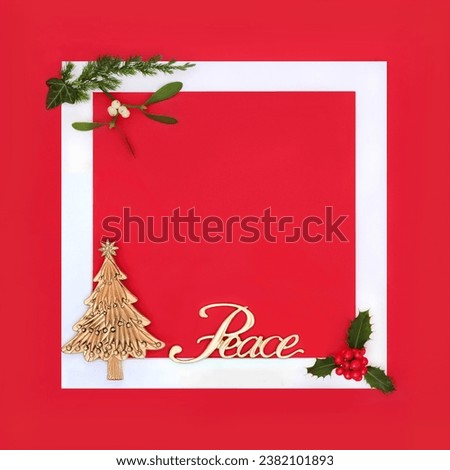 Christmas peace sign tree holly and winter greenery flora background frame. Festive symbol for holiday season, greeting card, gift tag, label on red.