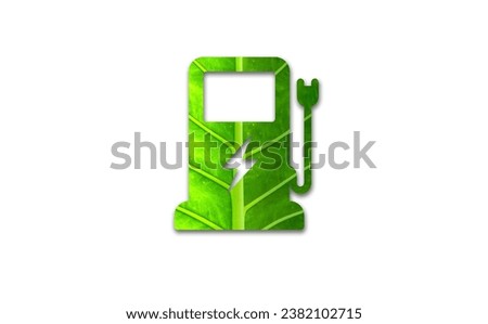 Charging station icon of green leaves on white background, Green energy eco friendly icon of battery car, environment concept. Royalty-Free Stock Photo #2382102715